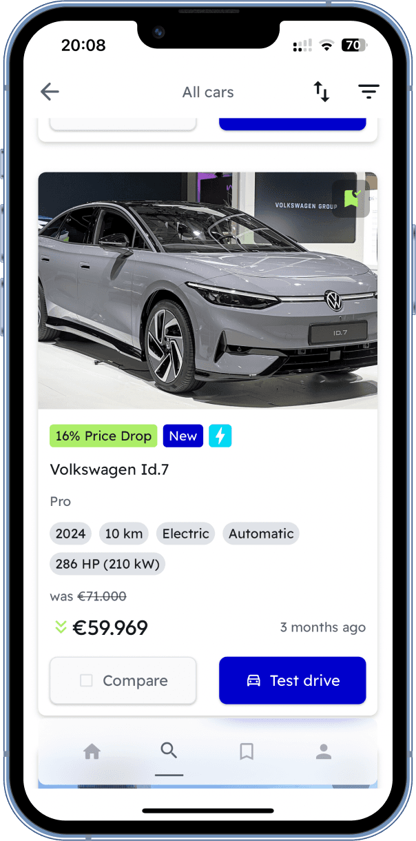 Carri app screenshot showing a Volkswagen Id.7 Pro listing